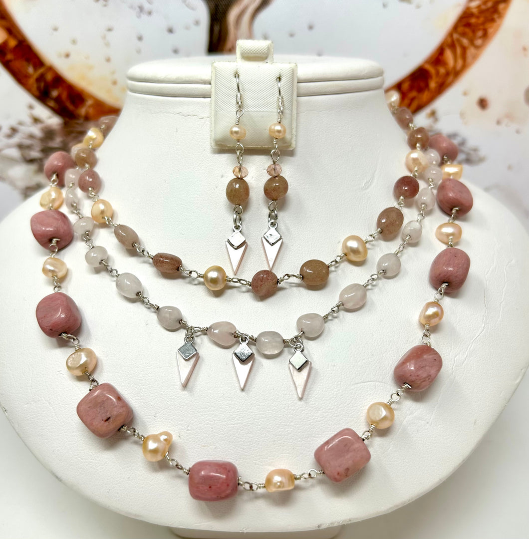 Rhodinite, Rose Quartz, Pearl and Morganite Set