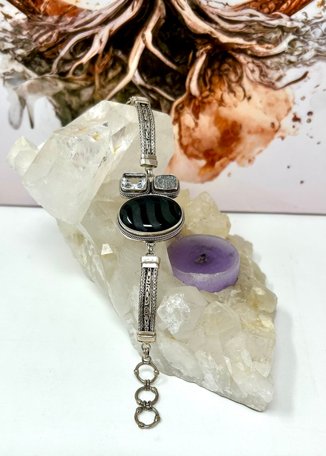 Black Onyx, Crystal Quartz and Druzy Bracelet